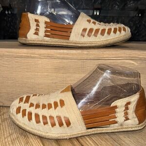TOMS Huarache Woven Leather Canvas Espadrille Flats Tan Cream Boho Shoes 6.5